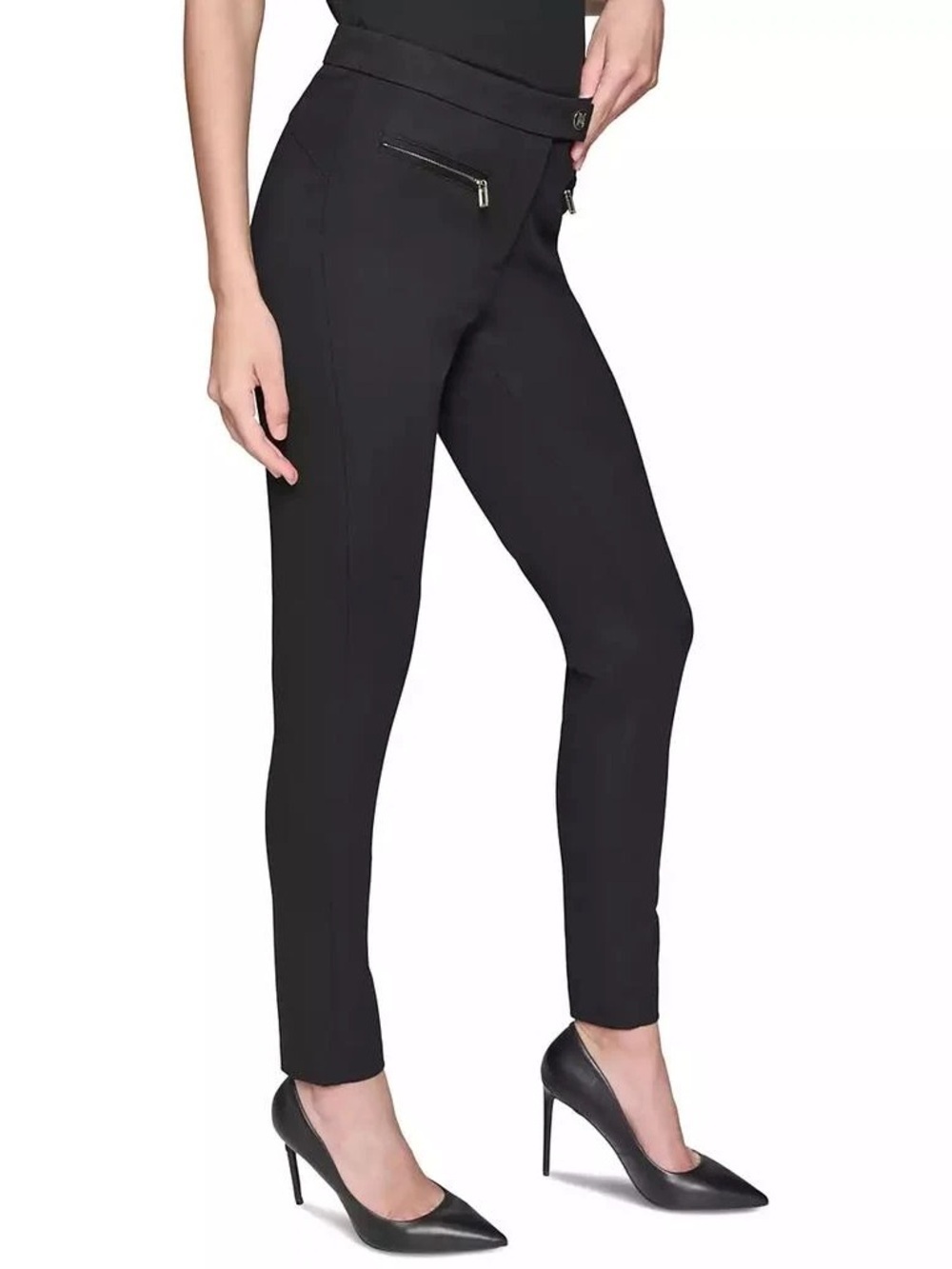 Karl Lagerfeld Black Cropped Skinny Ponte Pants with Zip Detail